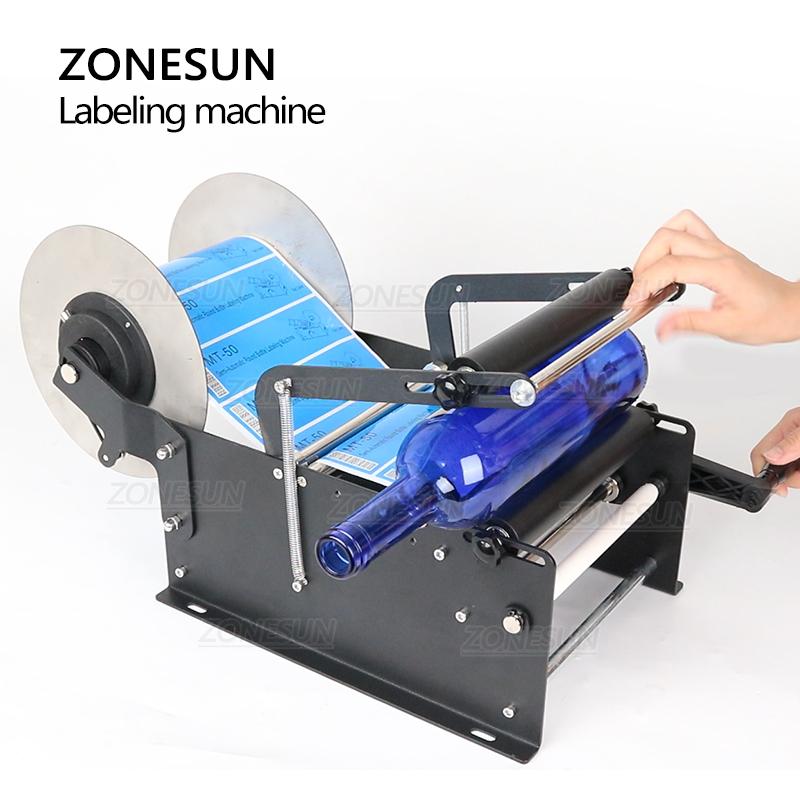 ZONESUN ZS-50W Manual Round Bottle Adhesive Sticker Label Applicator For Plastic Wine Bottle Packing Labeling Machine