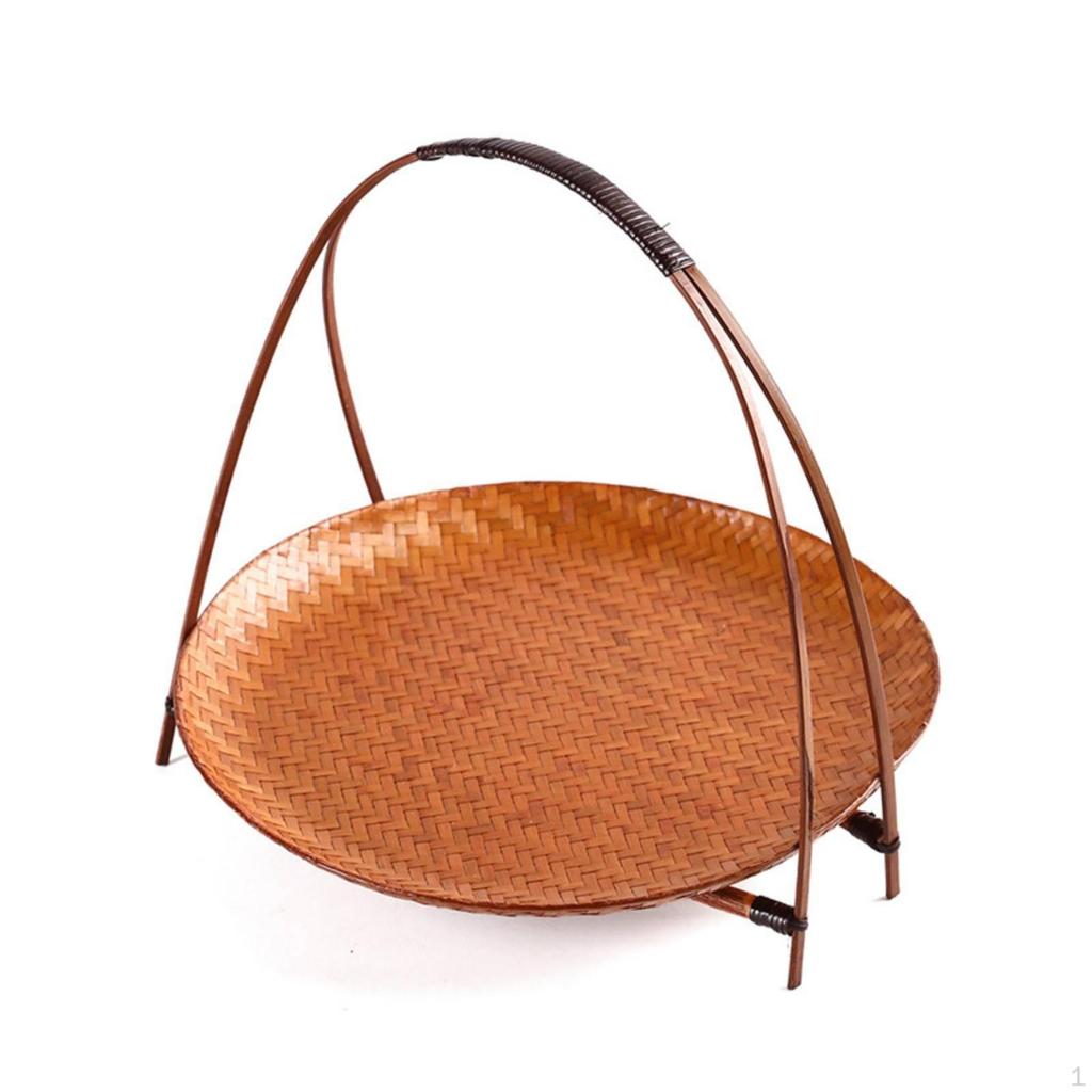 Woven Basket Tray with Stand Freestanding Bamboo Handle Decorative for