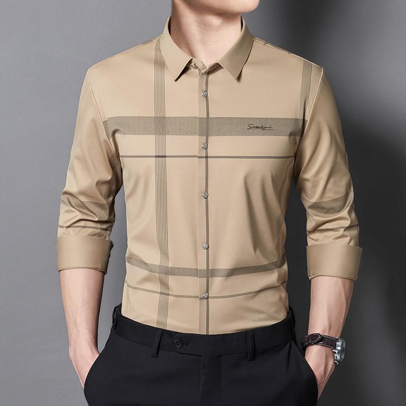 New in Shirts Luxury Long Sleeve Shirts for Men Slim Fit Casual Tops Elegant Anti-Wrinkle Elastic Soft Nylon Plaid Clothes