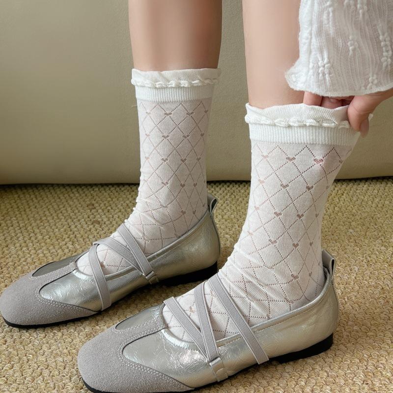 Spring and Summer White Stockings for Children, Long-legged with Geometric Lace Edging, Pure Cotton, Anti-Spangling, Bone-Free Women's Stockings
