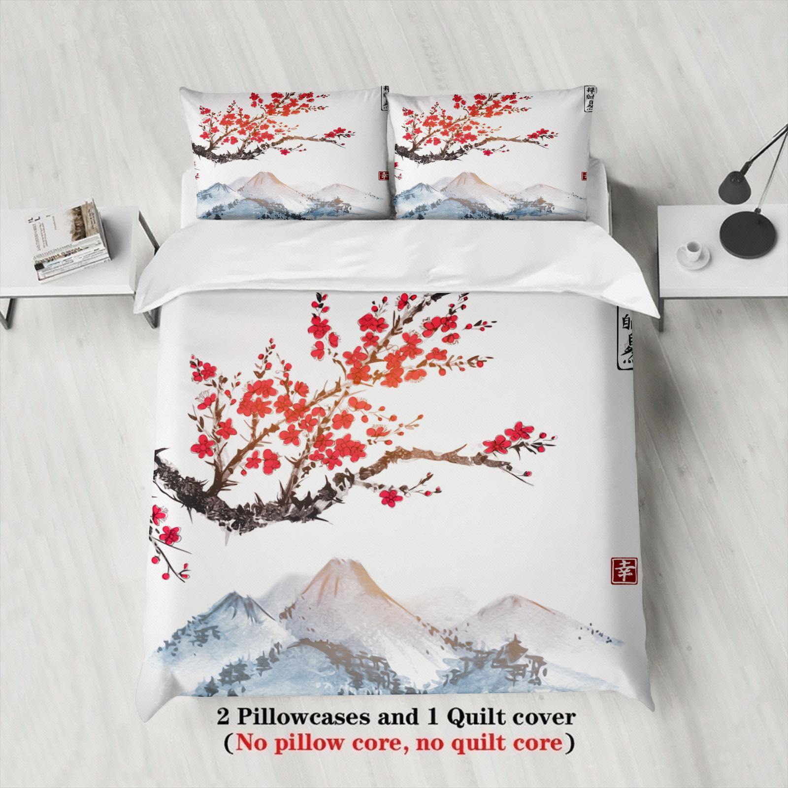Oriental Ink Plum Blossom Duvet Cover Set Mountain Landscape Bedding For Elegant Home Decor Bedroom Decor Twin Queen King Size 135x200cm
