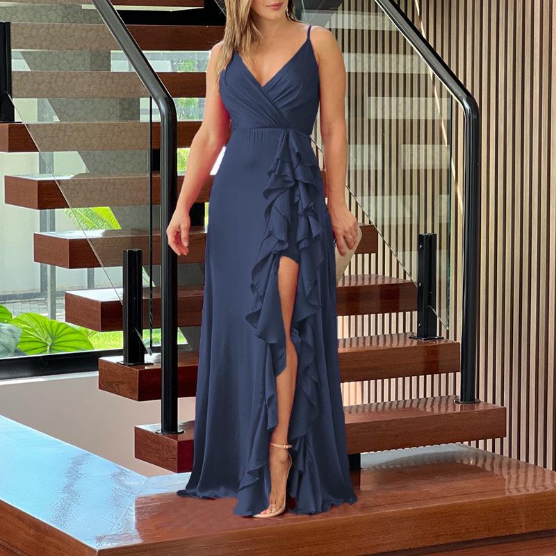 „2024 Sommer Damen Maxikleid mit V-Ausschnitt, hoher Taille, gerüschtem Schlitz“