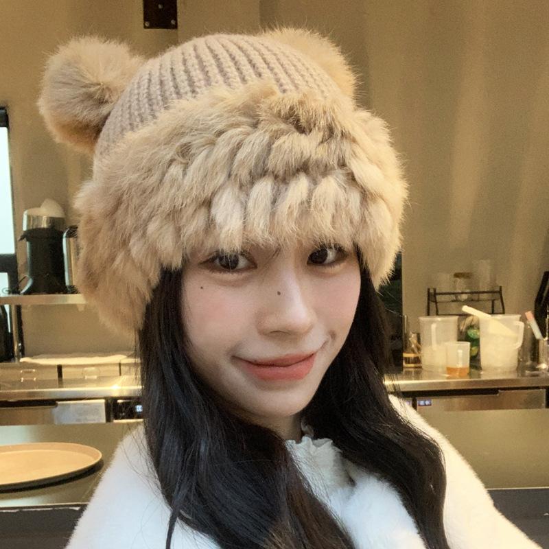 Automne et hiver mignon ours oreilles chapeau en laine femme peluche chaud moelleux automne et hiver grand tour de tête chapeau tricoté