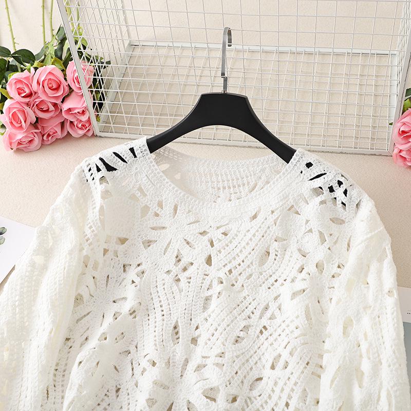 2024 Plus Size French Crochet Hollow Knit Long Sleeve Cardigan for Women - Retro Autumn Sweater Top