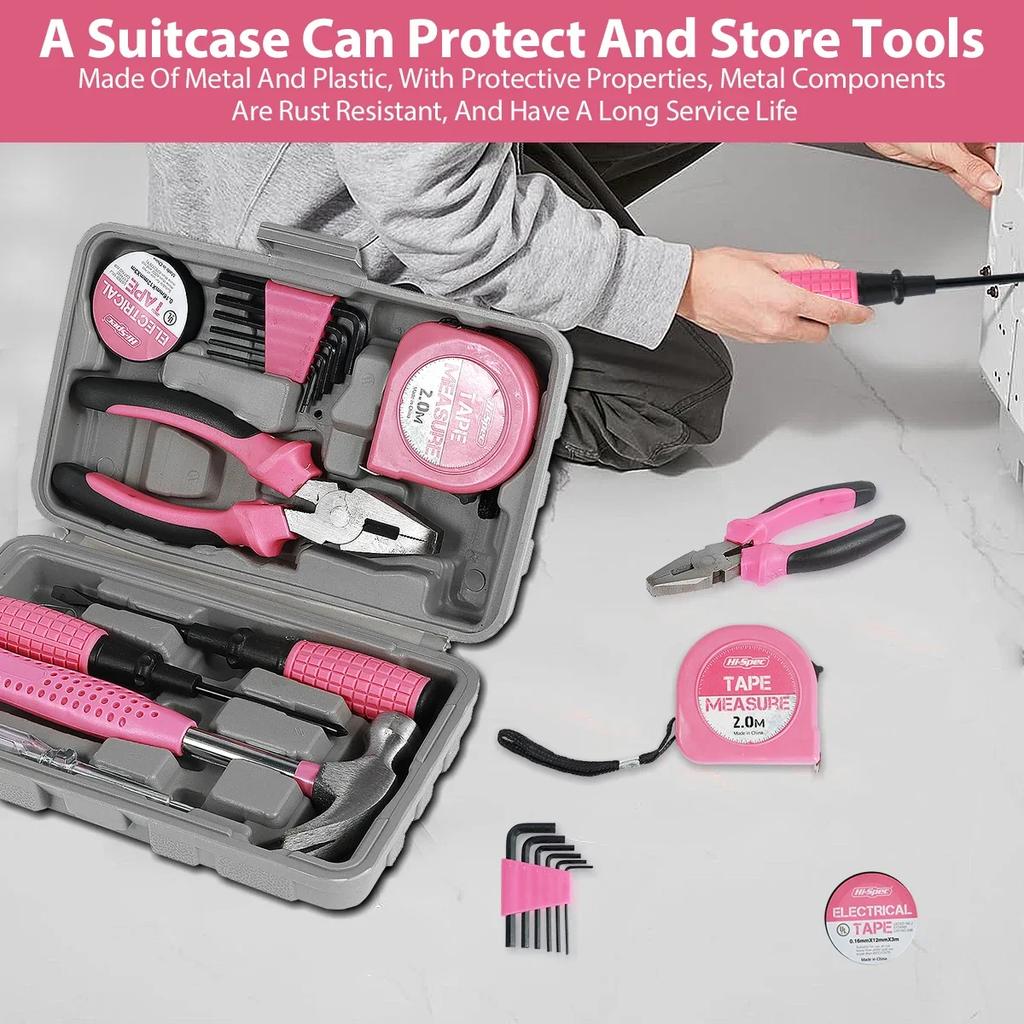 13/24Pcs Household Repair Tool Kit Multi-Purpose Pink Home Hand Tool Set Hammer and Allen Key with Electrical Tape Screwdriver
