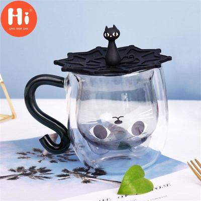 Olá, copo de vidro de parede dupla, leite, suco, criativo, fofo, formato de gato, caneca de café, desenho animado, casal, xícara de chá com tampa, utensílios para escritório, bebidas