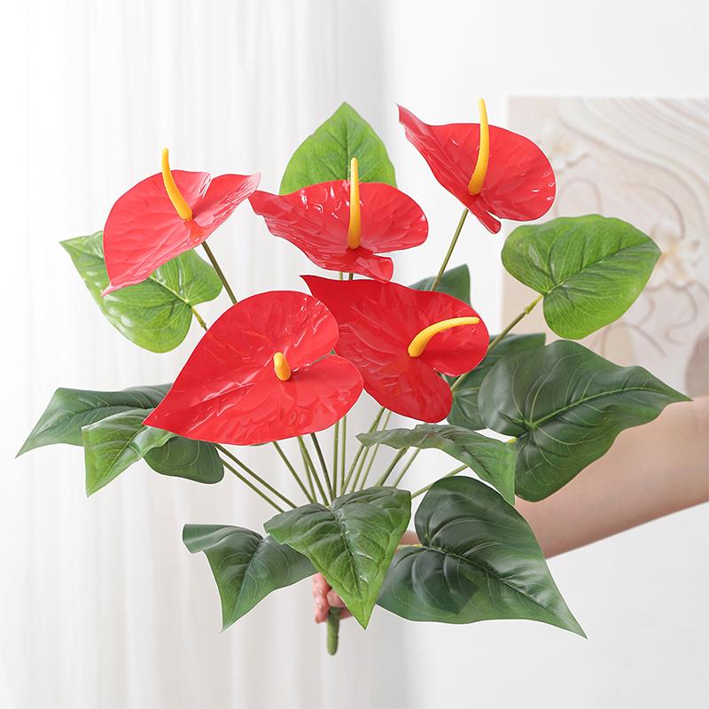 

50см Искусственные листья Монстеры Пальмовые листья 5 головок Искусственный Антуриум Зелень Дерево Большое травянистое растение для дома сада уличного украшения 50CM красный