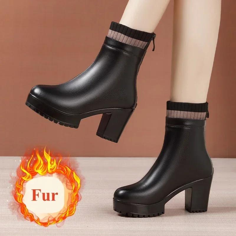 

8см 10см Маленький размер 32-43 Эластичные ботильоны-носки Обувь из натуральной кожи 2025 Зима Блочный высокий каблук Платформа Ботильоны до щиколотки Офис Мама 43