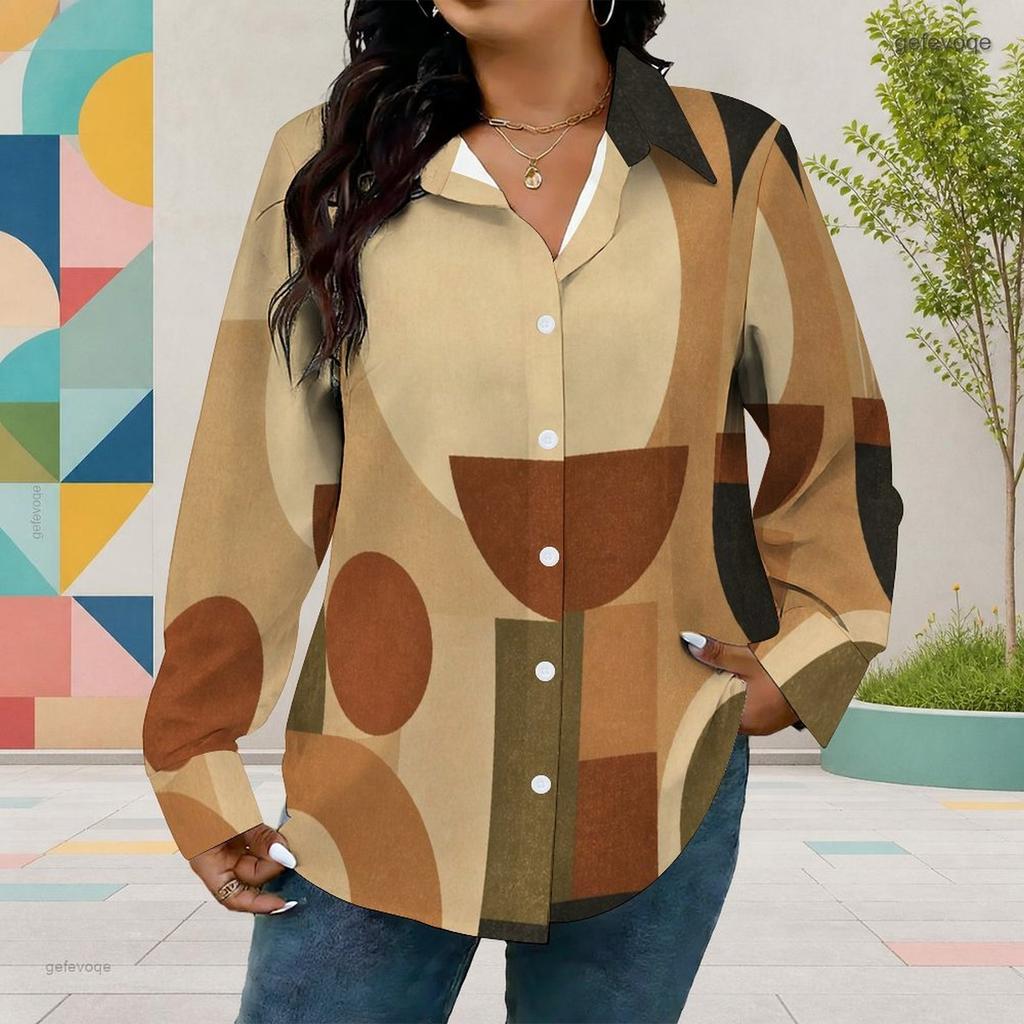 Women Plus Size Collared Long Sleeve Geometric Printed Button Front Shirt