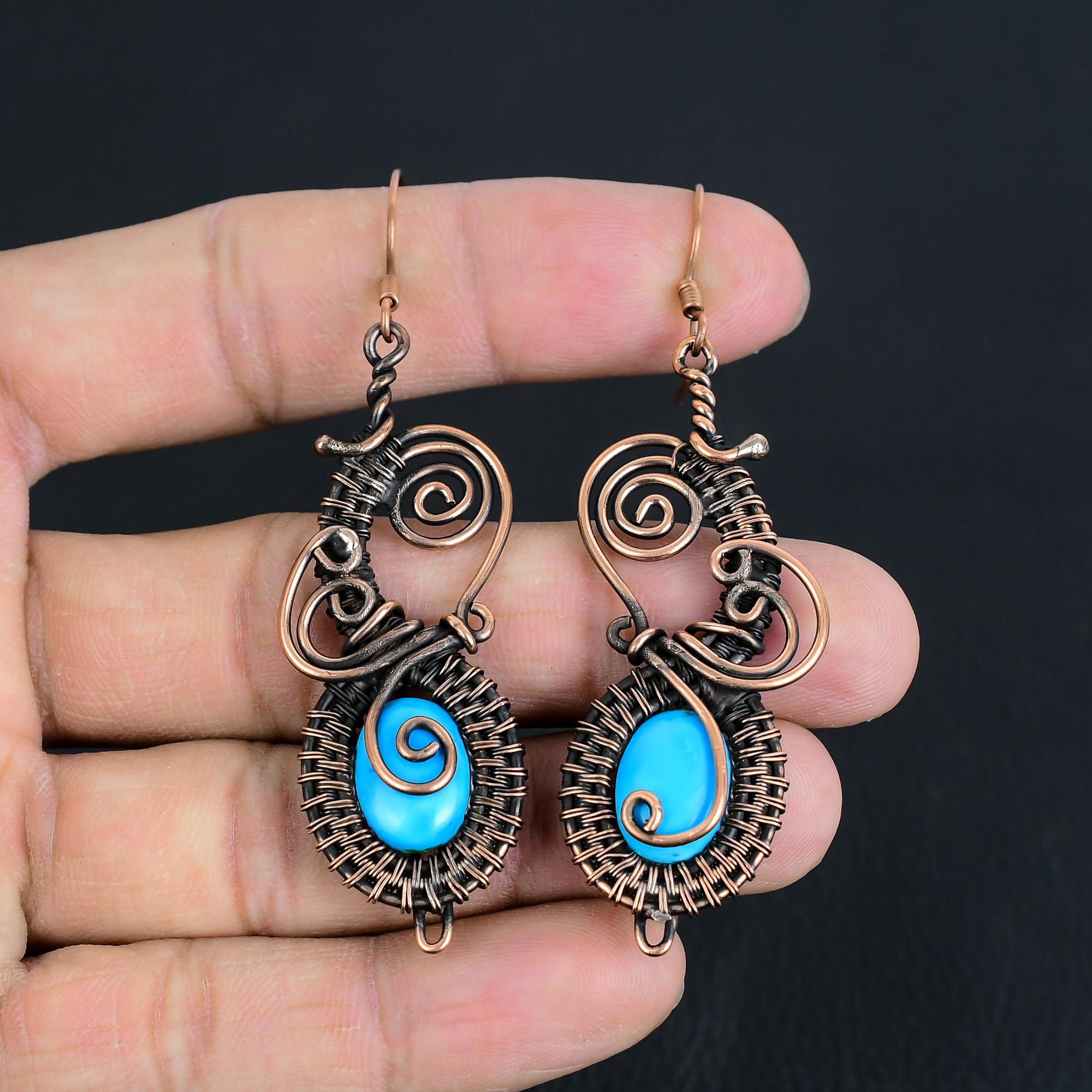 

Серьги с бирюзой Спящей красавицы, Ювелирные изделия из драгоценных камней, обернутые медной проволокой 999 пробы, Серьги ручной работы, На День благодарения 3.07 Inches