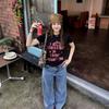 Women'S Black Vintage Letter Graphic Print Short Sleeve T Shirt Top Loose Fit Casual Streetwear Sweet & Cool Style