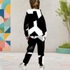 Girls Hooded Long Sleeve Black White Printed Two Piece Set Kangaroo Pocket Cuffed Pants