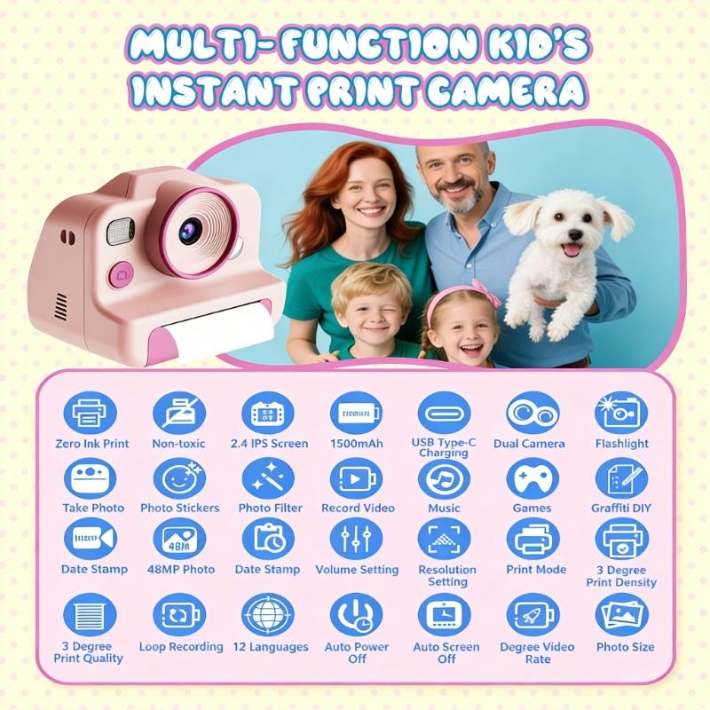 High Resolution Children's Digital Camera with Double Lens 4800W Pixels and Instants Thermals Printing for Creative Expression and Photo Memory