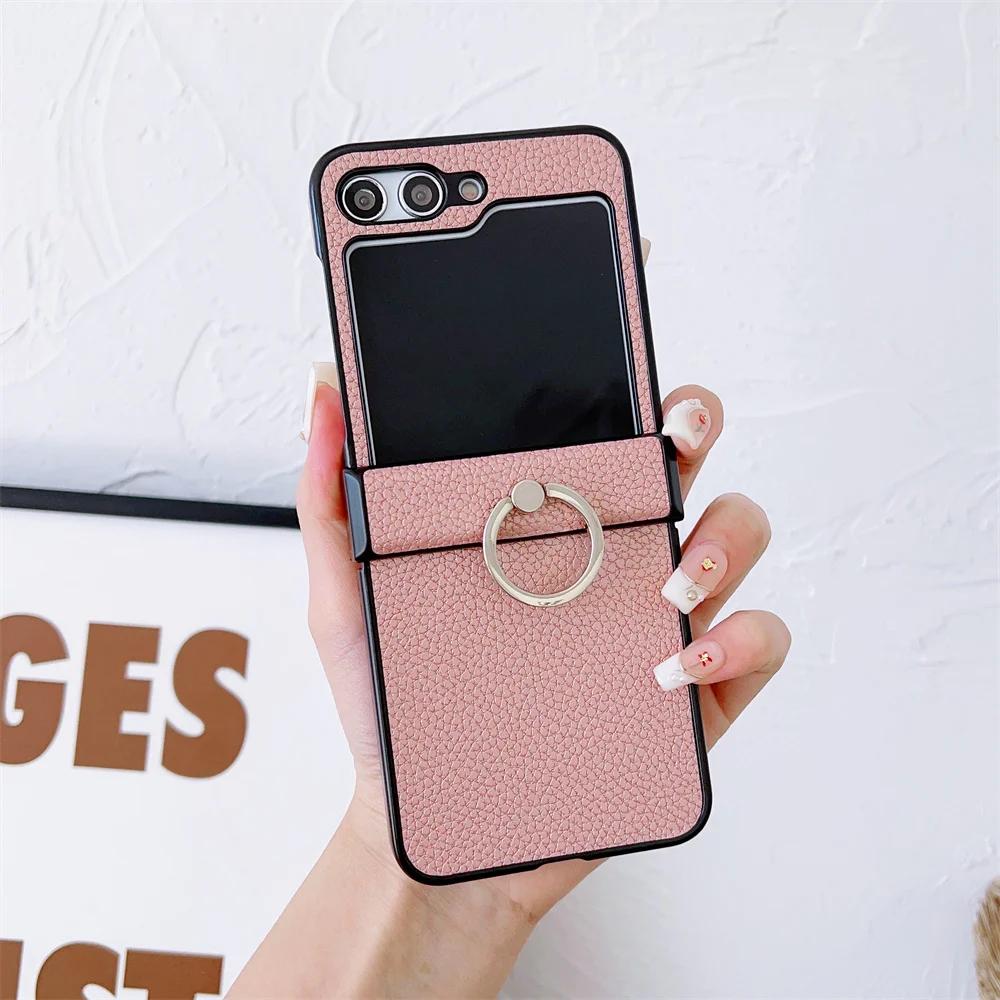 

ZFlip6 Litchi Grain Leather Case for Samsung Galaxy Zflip7 Z Flip 7 6 5 4 3 Flip5 Metal Ring Bracket Rotating Stand Cover For Galaxy Zflip5