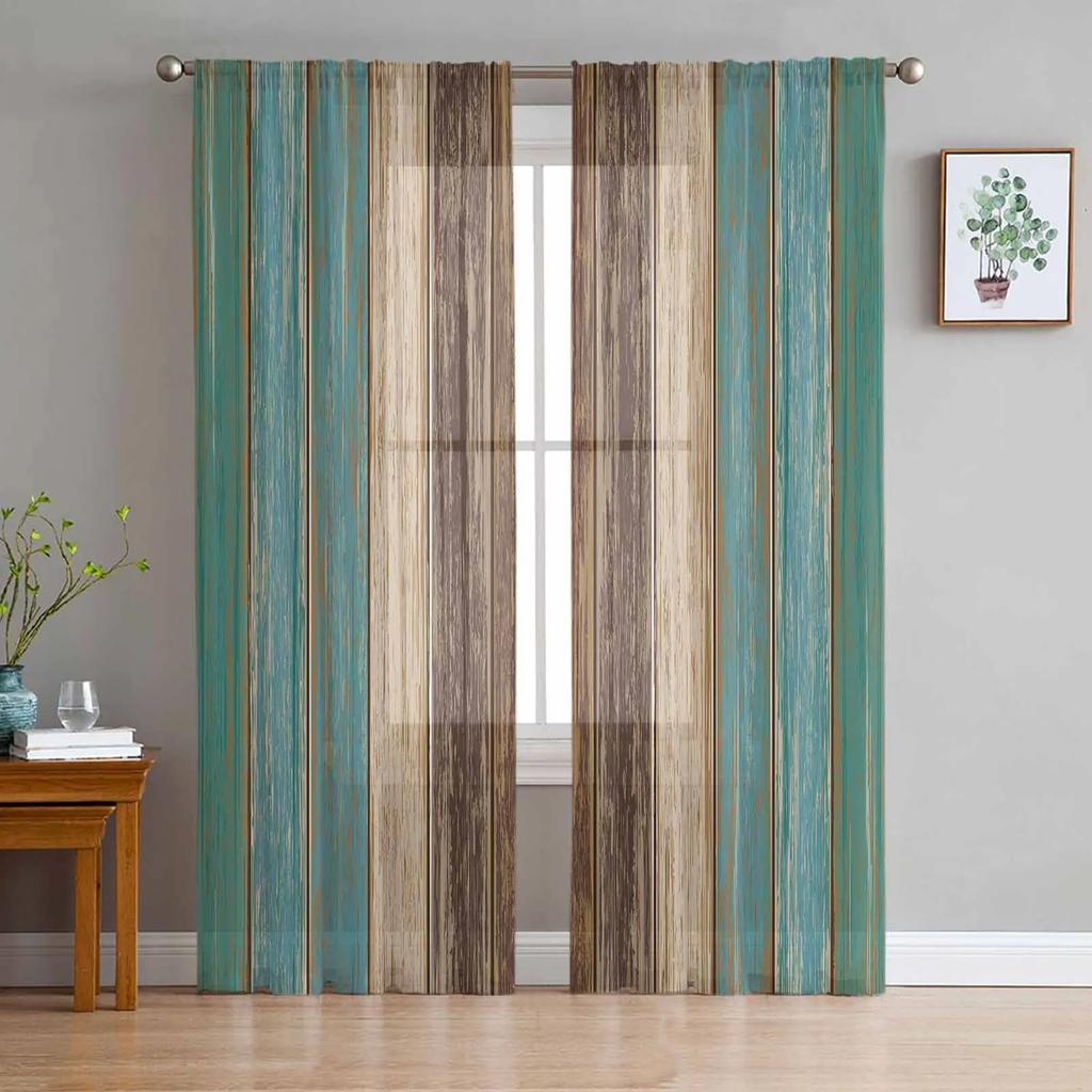 Vintage Khaki Brown Gradual Wood Grain Sheer Curtains for Living Room Decoration Window Curtain Kitchen Tulle Voile Drapes