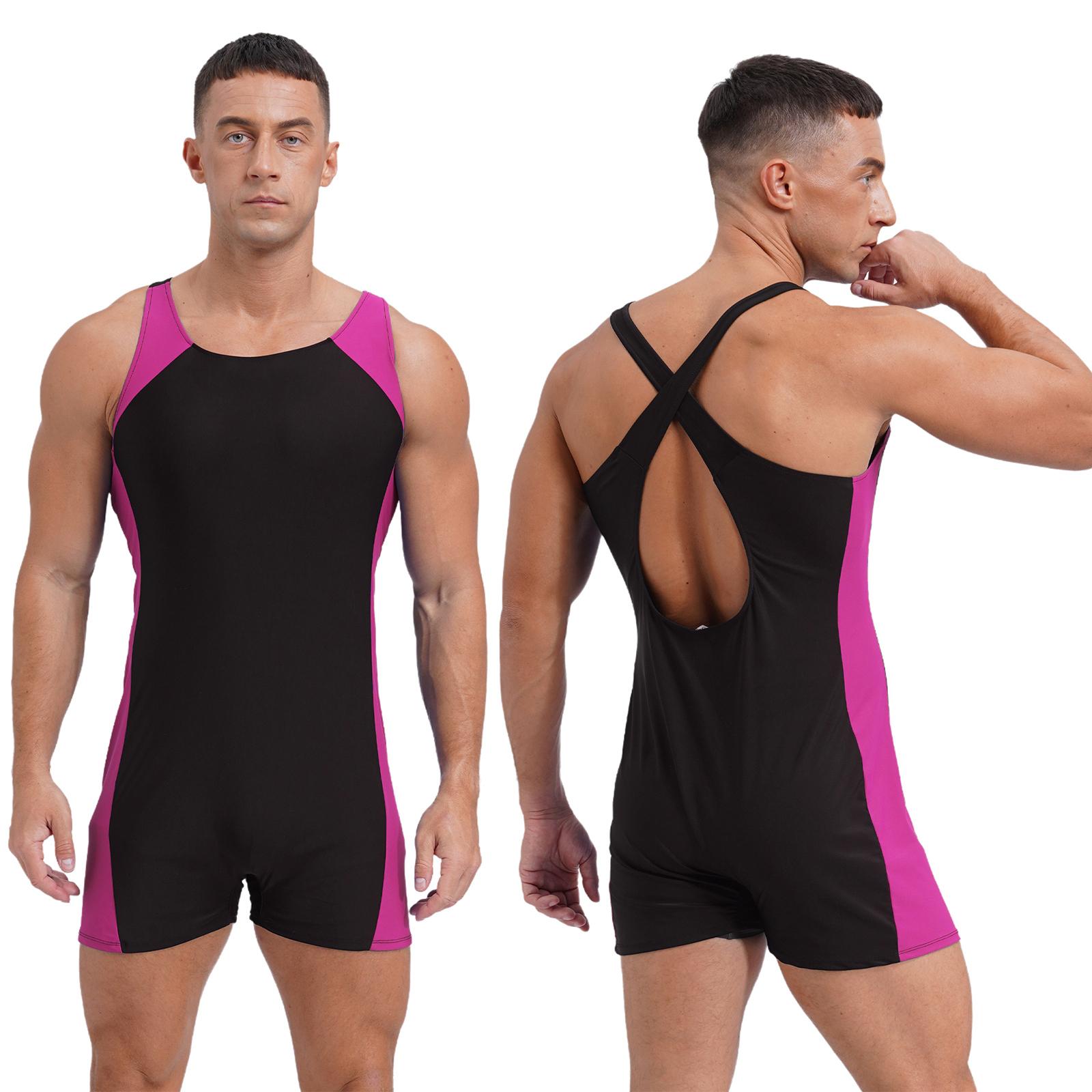 

Чоловічий купальник з U-подібним вирізом, перехресними бретелями на спині, швидковисихаючий боді, контрастна обробка для басейну, пляжу L рожевий червоний колір