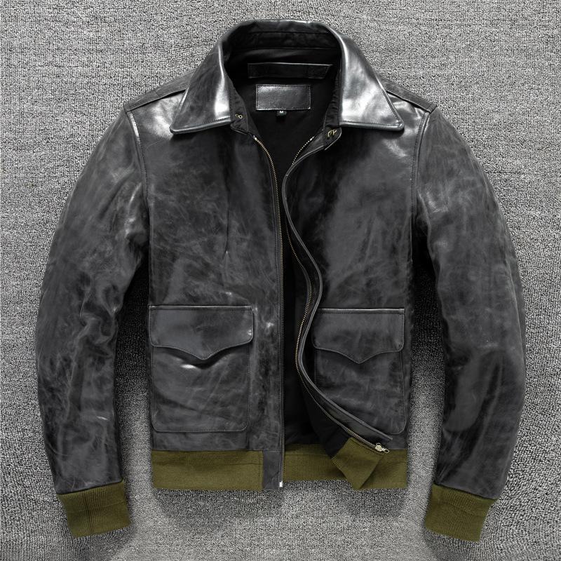 

Calfskin Retro Flight Suit Leather Jacket Genuine Leather Leather Jacket Men s Oil Wax Short Slim Jacket 5XL