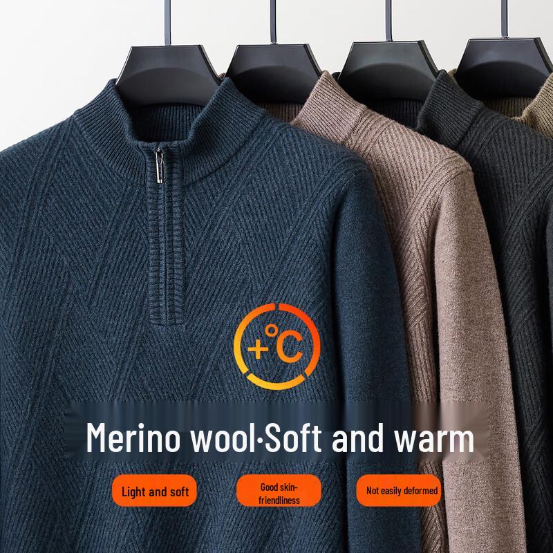 Jinjv Men's 100% Pure Wool Mock Neck Long Sleeve Sweater