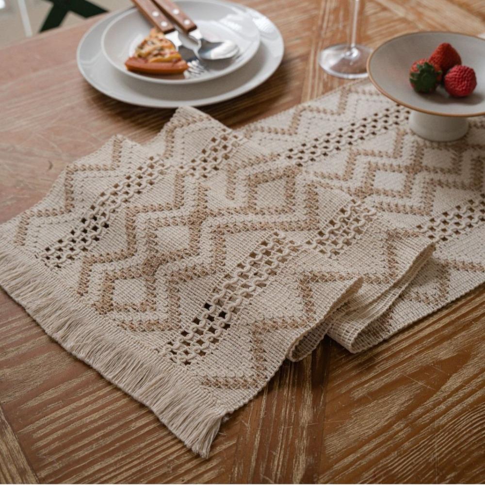 Vintage Style Christmas Table Runner with Long Fringe Khaki Woven Jacquard Wave Design for TV Cabinet Decor