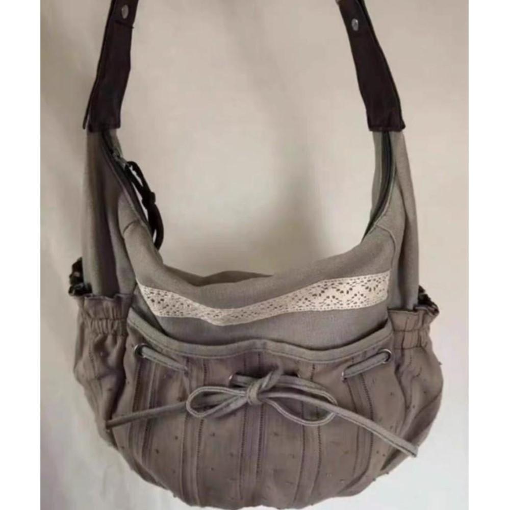 Sweet Cool Bow Canvas Shoulder Bags Women Vintage Drawstring Pocket Chic Casual Crossbody Bag Ladies Retro Messenger Bag Bolsos