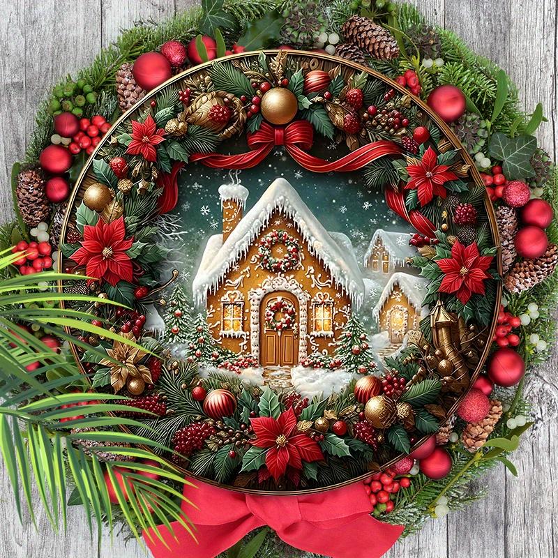 Wooden Christmas Sign with Gingerbread House Pattern - Classic Navidad Round Sign for Front Door Wall Hanging Decor - Ideal Christmas Ornament
