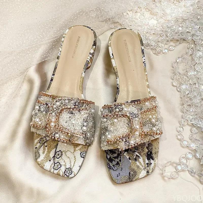 Mode Damen Schuhe Hausschuhe für Damen 2024 Neu Luxus Perle Strass Klobiger Absatz Hausschuhe Sommer Damen Schuhe Schmetterlingsknoten Sandalen