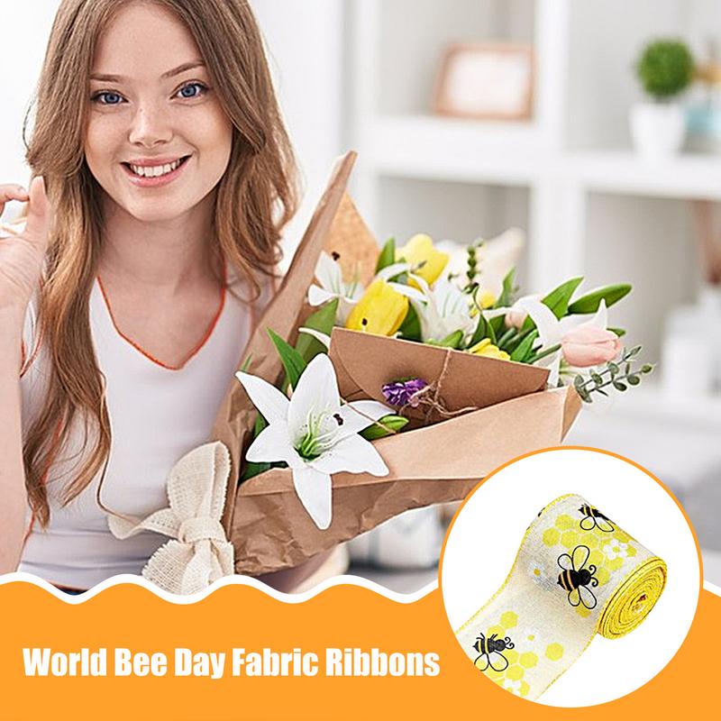 Bee Ribbon Wired Spring Craft Wrapping Honey Bee Striped Dot Yellow Ribbon For Wrapping Crafts Bows Party Decor 5 Yards