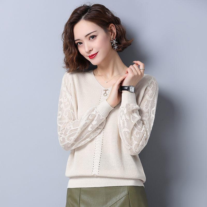 V-neck Sweater for Women Stylish Thin Knitted Sweater Solid Color Casual Pullover Top Loose Autumn Sweater