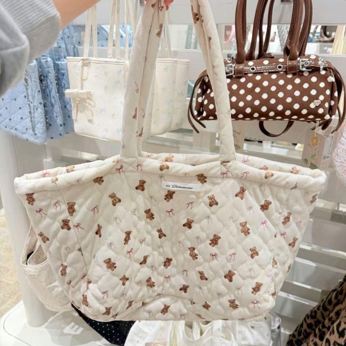 

Sweet Cute Bear Bow Tote Bag Women White Diamond Quilting Large Capacity Shoulder Bag Ladies Daily Casual Versatile Shopping Bag белый