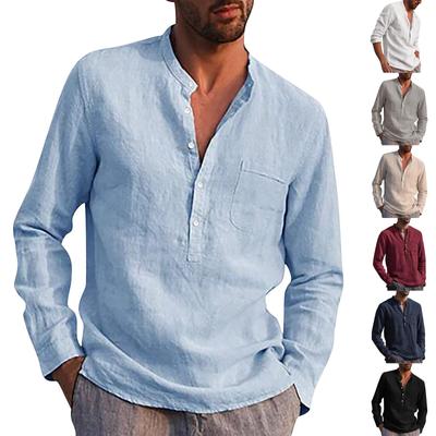 Designer primavera verão masculino casual algodão linho cor sólida camisas de manga longa solta gola camisas