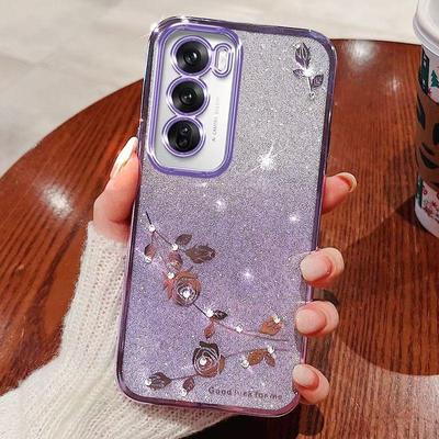 Phone Case For OPPO Reno 12 5G, Reno 12 Pro 5G Flash Pink Flower Transparent Shock Protection Luxury Diamond Shining Protective Cover