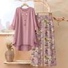 Large Size Women's Printed Medium-sleeved Top Floral Wide-leg Pants Casual Two-piece Set Multi-color Set