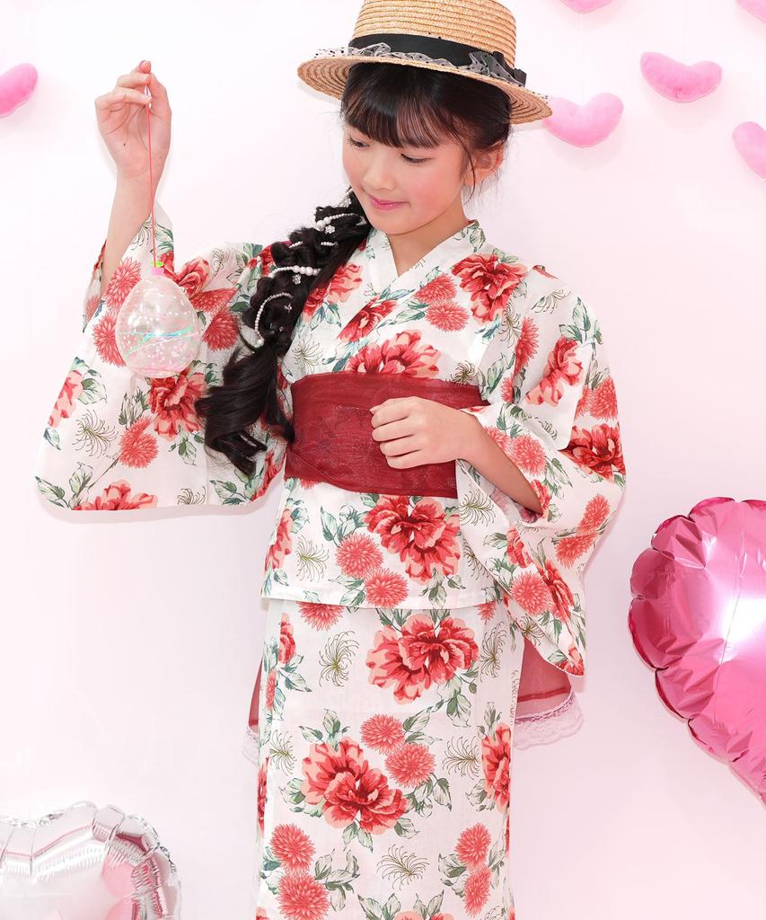 Bee Yukata Set for Easy To Perfect for Festivals and White with Modern Peony Design 3-Piece Girls, Summer, Wear, Two-Way Design, Fireworks, 130cm,
