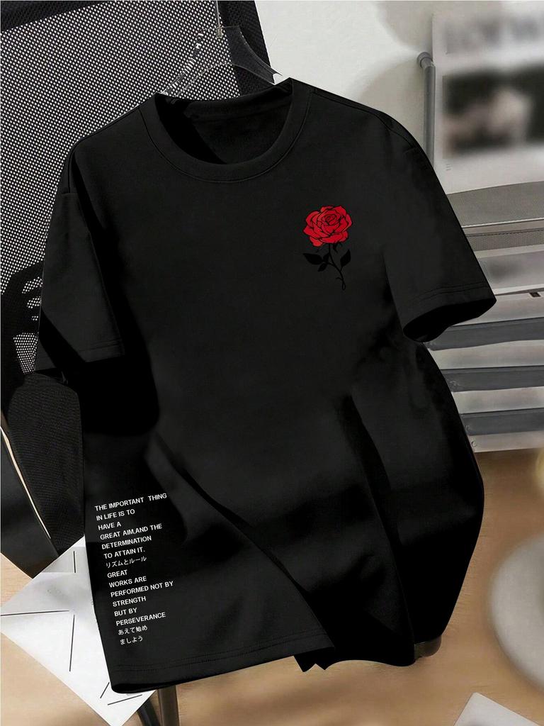 2026 Women Lady Men's Rose Print Crew Neck Short Sleeve T-Shirt Summer Fashionable Casual Top