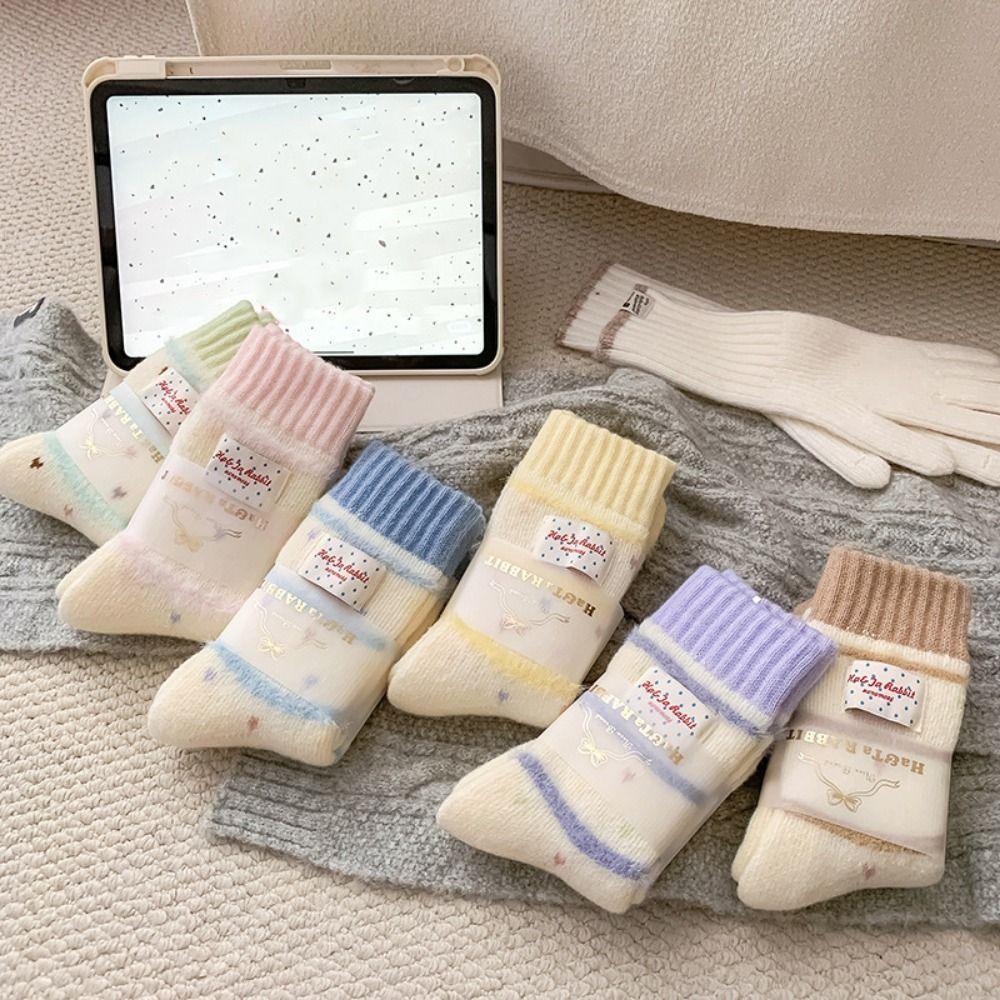 Striped Mid Tube Socks Candy Color Thickened Floor Socks Korean Warm Sleep Socks Sleep Wear