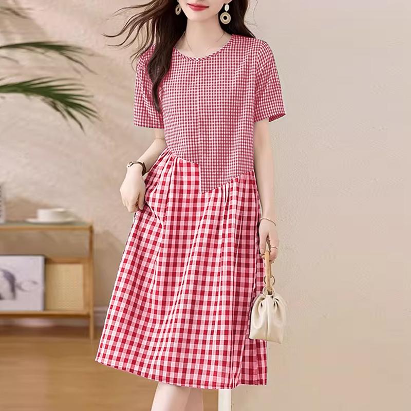 ZANZEA Women Casual Round Neck Short Sleeve Plaid Print Dress