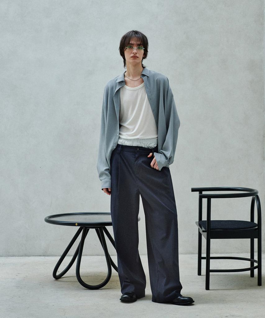 GLW Double-Pleat Wide Striped Slacks Navy