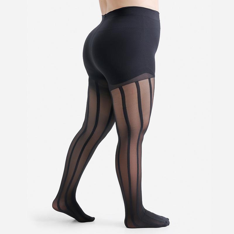 Plus Size 2Xl/4Xl Black Sheer Tights With Opaque Vertical Stripes For Women Fashion Accessory 20 Denier Nylons Pantyhose 2XL