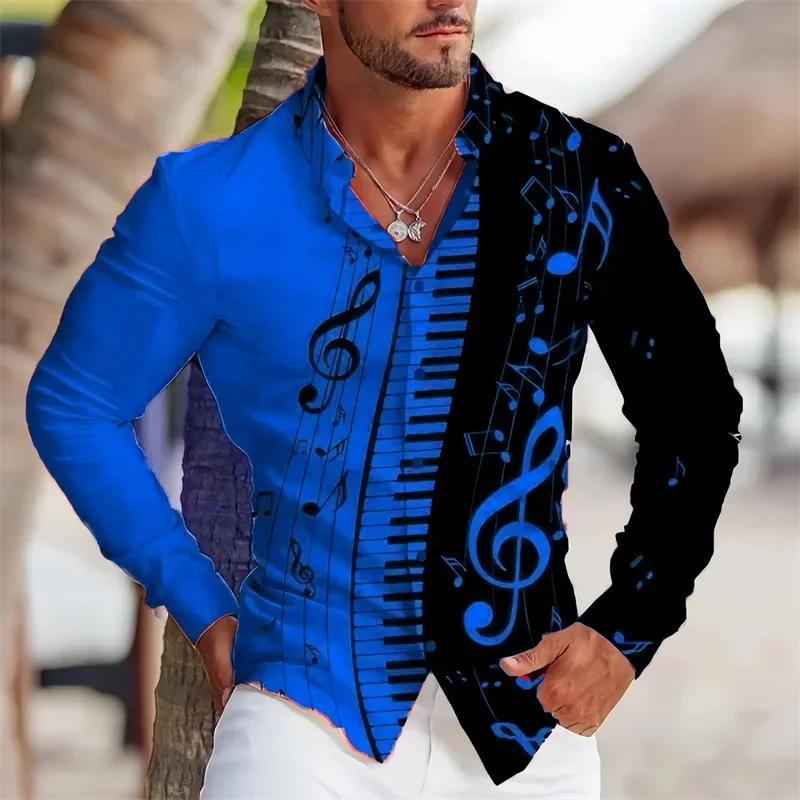 Music Piano Print Long Sleeve Shirt, Stylish Casual Men's Top