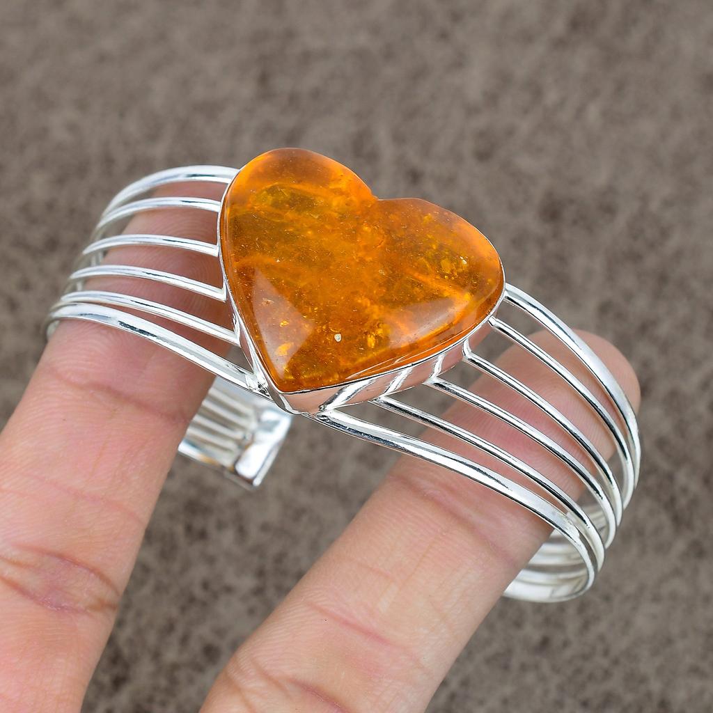Baltic Amber Gemstone Handmade 925 Sterling Silver Cuff Bangle Adjustable KKG-188