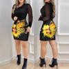 Autumn Fashion Mesh Long Sleeve V-Neck Slim Fit Printed Dress Women