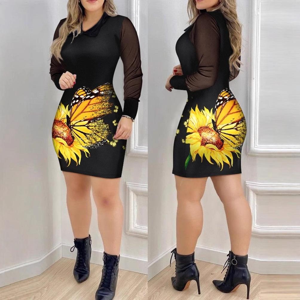 Autumn Fashion Mesh Long Sleeve V-Neck Slim Fit Printed Dress Women