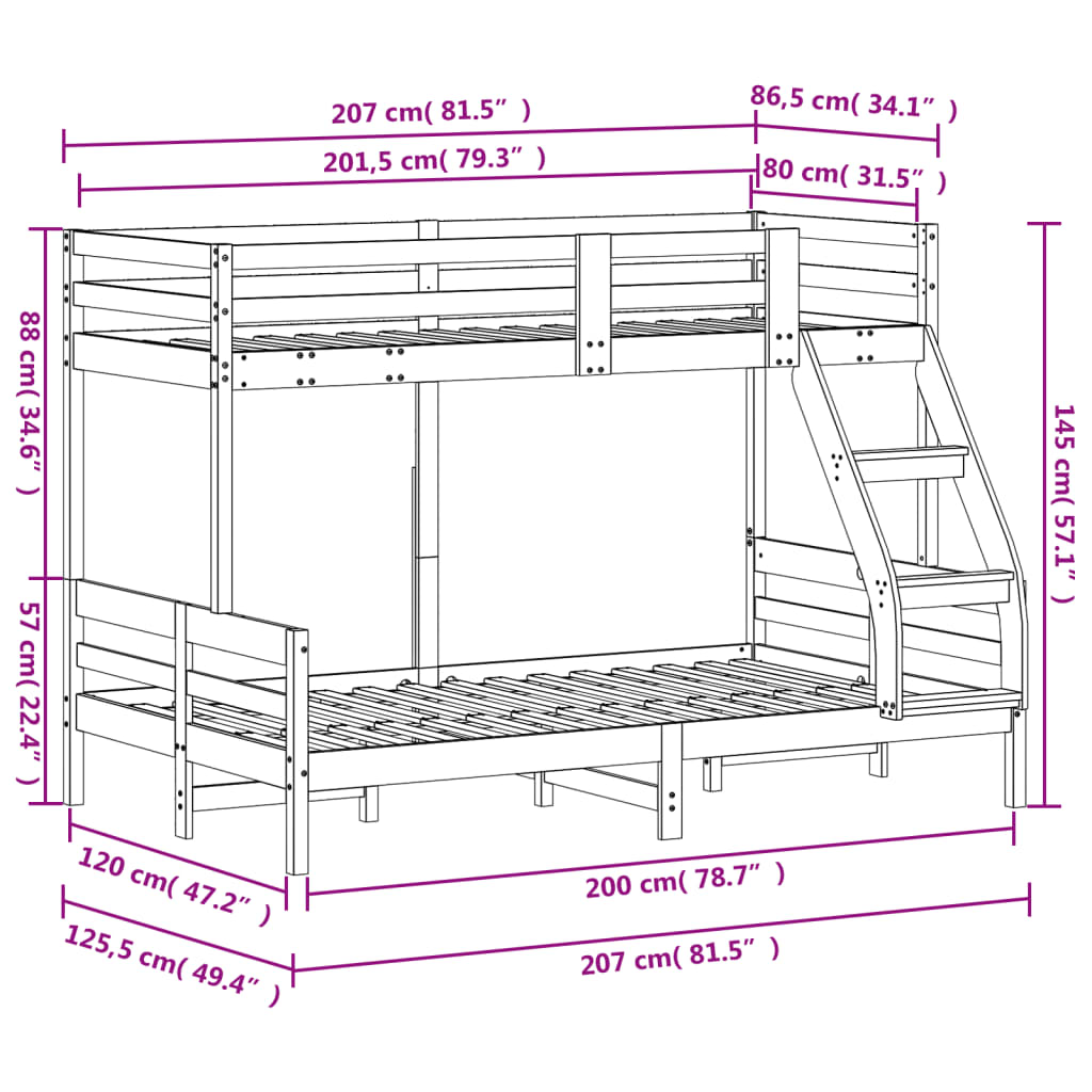 Bunk Bed 80x200 120x200 Cm Solid Pine Wood