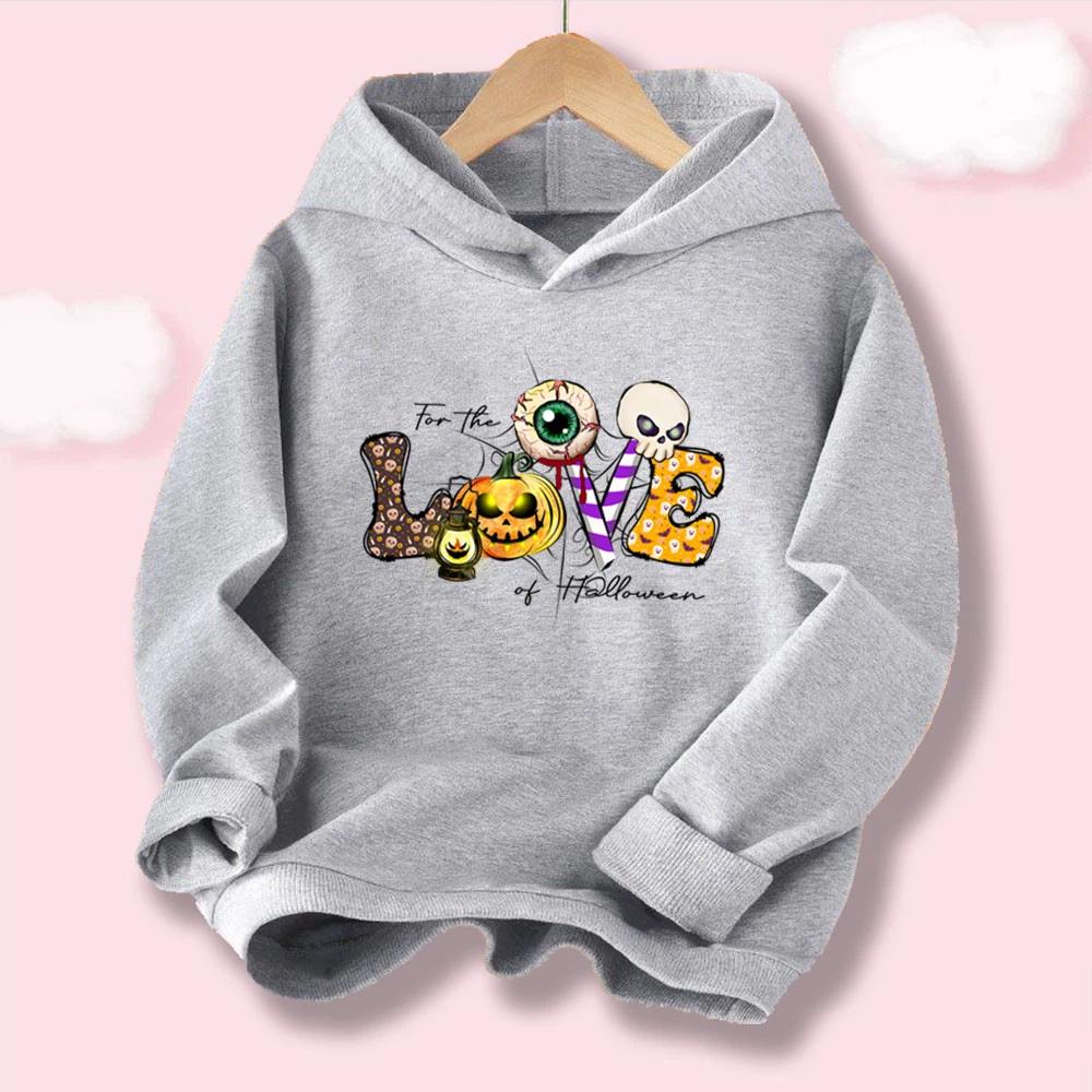 Kawaii Boys' & Girls' Halloween Hoodie "LOVE" Letter with Pumpkin and Skull Print, Casual Kids' Hooded Top