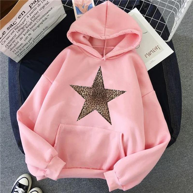 Sweatshirts Pullovers Vintage à Manches Longues pour Femmes Regular Gothique Automne Hiver à Capuche Streetwear Imprimé Léopard Étoile Y2k Sweats à Capuche