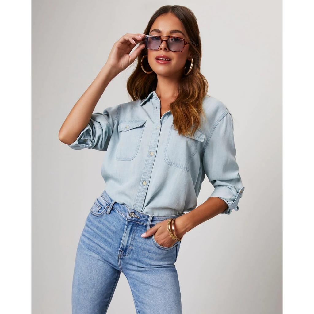 Women's Long Sleeve Denim Shirt 2025 Autumn Casual Lapel Single Breasted for JOOM Europe America