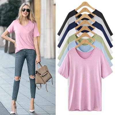Women's Summer T-shirt Short Sleeved Oversized Loose V-neck Solid Color Bottom Top