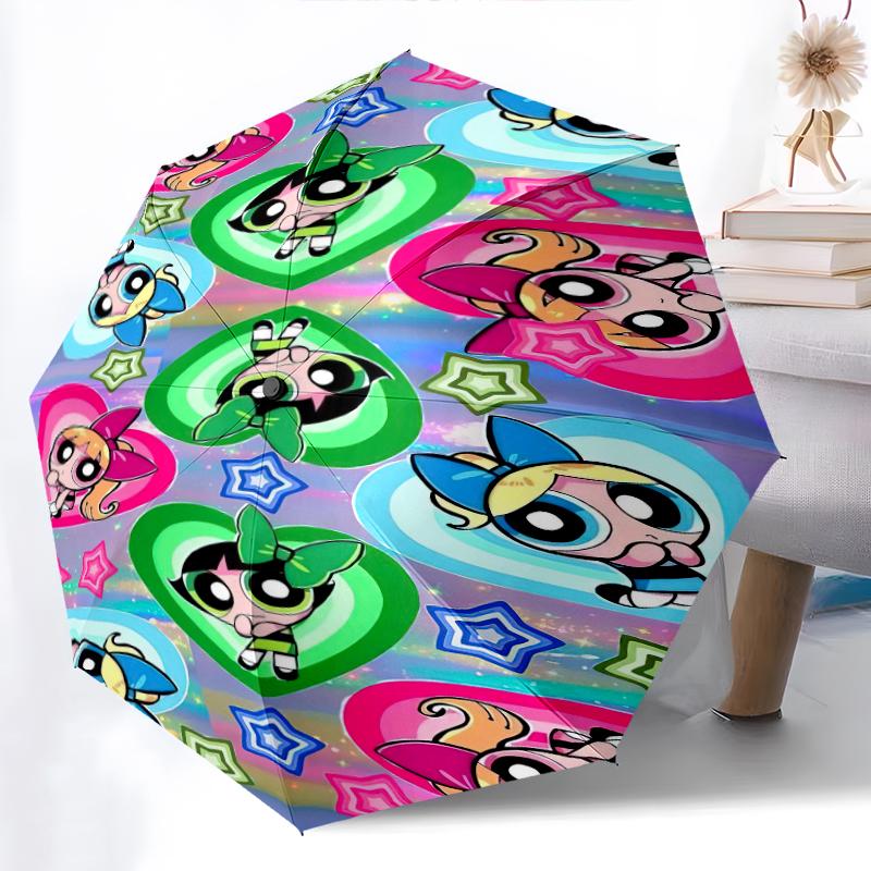 

1pc The Powerpuff Girls pattern Umbrella Portable Folding Umbrella Iron Frame Hole Bone Structure Outdoor Home Umbrella