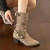Autumn 2025 Women's Retro Celebrity Stacked Mid-Calf Chunky Heel Cowboy Boots