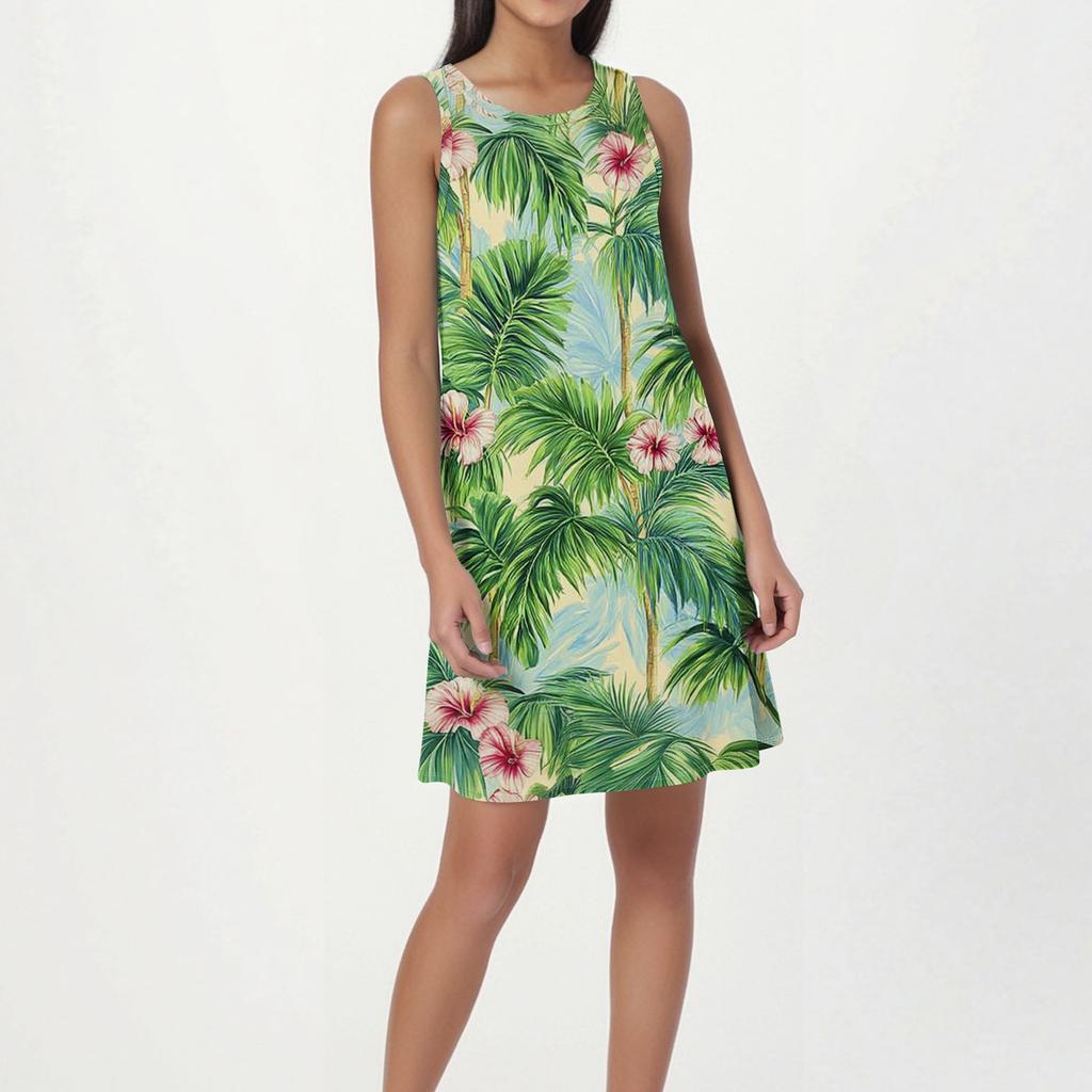 Robe de plage tendance pour femme, sans manches, col rond, imprimé floral
